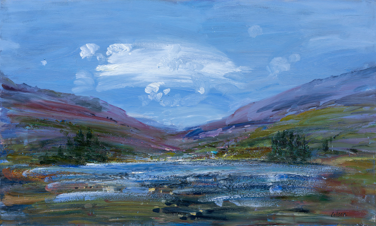 Oil painting by Richard Colson titled Loch and Hills