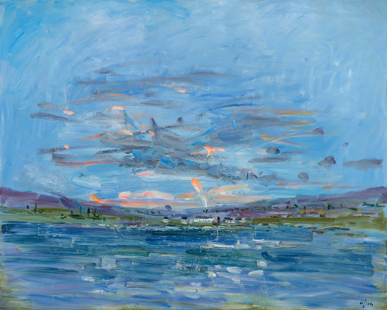 Oil painting by Richard Colson titled Fishing Village Skye, Evening